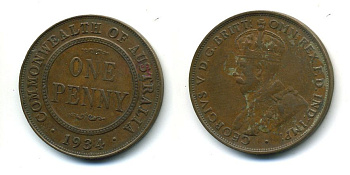 АВСТРАЛИЯ 1 ПЕННИ 1934 ГЕОРГ V KM 23 бронза 7-5-25-12