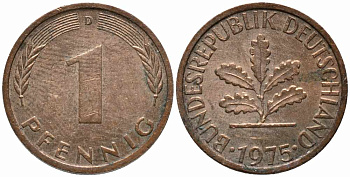 ФРГ 1 ПФЕННИГ 1975 D KM 105, J. 380 сталь плакированная медью 112-133