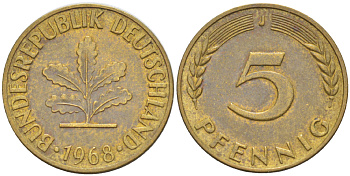 ФРГ 5 ПФЕННИГОВ 1968 J KM 107, J. 382 сталь плакированная латунью 4181-918