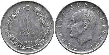 Турция 1 лира 1971 Мустафа Кемаль Ататюрк KM 889а.2 нержавеющая сталь 4385-517