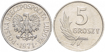 ПОЛЬША 5 ГРОШЕЙ 1971 MW KM А46 алюминий UNC 4549-114