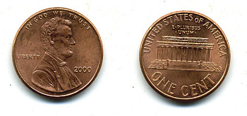 США 1 ЦЕНТ 2000 KM 201b цинк плакированный медью 46-1068