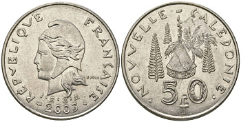 Французская Новая Каледония 50 франков 2003 хижина среди сосен и пальм, (IEOM) KM 13, Schoen 15, Lec 121 никель 111-636