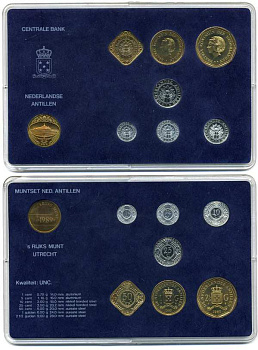 Нидерландские Антилы набор из 7 монет (1 цент - 2 1/2 гульдена) + жетон мондвора 1989 в пластике, Беатрикс (1980-2013), мондвор Утрехт UNC 5-4-3-81