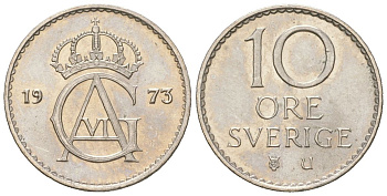 Швеция 10 эре 1973 U, Густав VI Адольф (1950-1973) KM 835 медно-никель UNC 220-1132