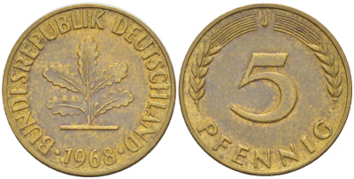 ФРГ 5 ПФЕННИГОВ 1968 J KM 107, J. 382 сталь плакированная латунью 4181-918