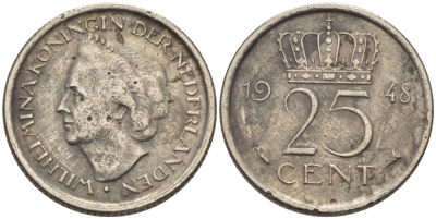 НИДЕРЛАНДЫ 25 ЦЕНТОВ 1948 ВИЛЬГЕЛЬМИНА KM 178 никель 66-434