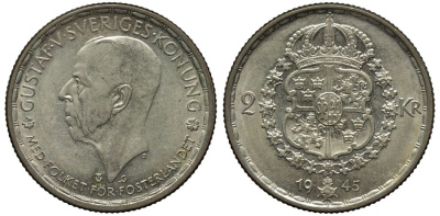 Швеция 2 кроны 1945 G, Густав V (1907-1950) KM 815 серебро 221-614