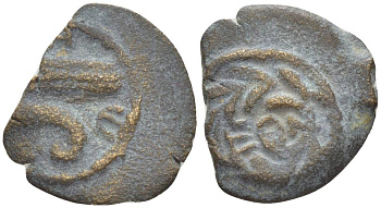 Иудея, династия Ирода 1/2 прута 4 г. до н.э.-6 год Ирод Архелай, прора / легенда в венке, Иерусалим Hendin 1197 медь 1073-21-97