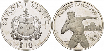 Самоа 10 тала 1991 XXV Олимпийские игры в Барселоне 1992 года, толкание ядра KM 82 серебро PROOF 04-302-33