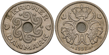 Дания 2 кроны 1992 Маргрете II (1973 - 1988) KM 874 медно-никель 4176-536