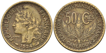 Французский Камерун 50 сантимов 1924 (а), монетный двор Париж KM 1 алюминиевая бронза 4164-1166