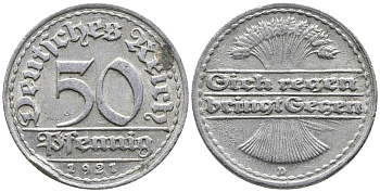 ГЕРМАНИЯ 50 ПФЕННИГОВ 1921 D KM 27, J. 301 алюминий 24-1021