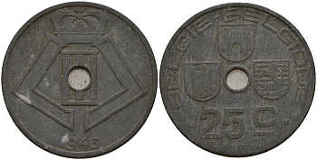 Бельгия 25 сантимов 1943 Belgie - Belgique, Леопольд III (1934-1947), германская оккупация, Вторая мировая война KM 132 цинк 4157-533