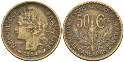 Французский Камерун 50 сантимов 1924 (а), монетный двор Париж KM 1 алюминиевая бронза 4164-1166