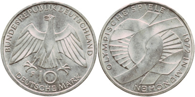 ФРГ 10 марок 1972 F, XX летние Олимпийские игры 1972 года в Мюнхене, символика KM 131, J.402 серебро aUNC 1522-345