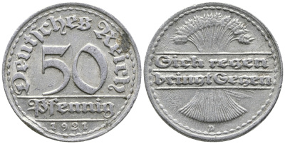 ГЕРМАНИЯ 50 ПФЕННИГОВ 1921 D KM 27, J. 301 алюминий 24-1021
