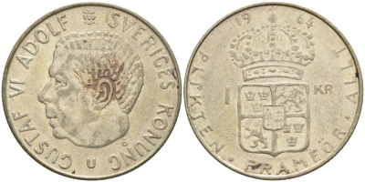 Швеция 1 крона 1964 U, Густав VI Адольф (1950-1973) KM 826 серебро 4542-511