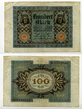 ГЕРМАНИЯ 100 МАРОК 1920 1 НОЯБРЯ 1920, СЕМЬ ЦИФР В НОМЕРЕ СЕРИИ Pick 69а бумага 6293-36-3