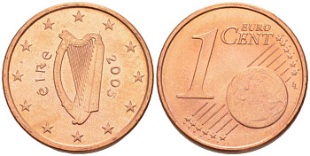ИРЛАНДИЯ 1 ЕВРОЦЕНТ 2005 KM 32 сталь плакированная медью UNC 214-239