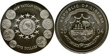 Либерия 5 долларов 2004 новые евромонеты Ватикана  медно-никель UNC 06-241-21