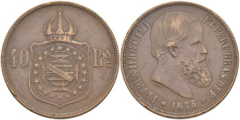 БРАЗИЛИЯ 40 РЕЙС 1873 ПЕДРО II (1831-1889) KM 479 бронза 4517-1144