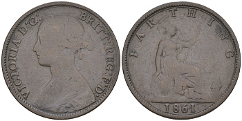 Великобритания 1 фартинг 1861 Виктория (1837-1901) KM 747.2, Spink 3958 бронза 63-225