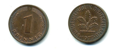 ФРГ 1 ПФЕННИГ 1977 D KM105, J.380 сталь плакированная медью 46-1726