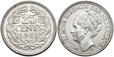 Нидерланды 25 центов 1941 Вильгельмина (1890-1948) KM 164 серебро 4549-1059