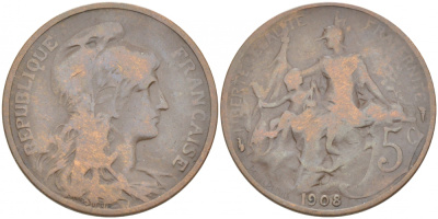 ФРАНЦИЯ 5 САНТИМОВ 1908 ТИП ДАНИЭЛЬ ДЮПЮИ KM 842, LE FRANC 119.19 бронза 77-246