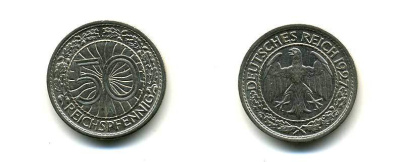 Германия 50 рейхспфеннигов 1927 A KM 49, J. 324 никель 179-614