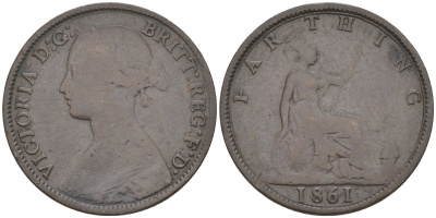 Великобритания 1 фартинг 1861 Виктория (1837-1901) KM 747.2, Spink 3958 бронза 63-225