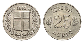 Исландия 25 эйре 1965 KM 11 медно-никель UNC 4696-337