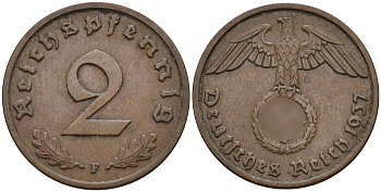 Германия 2 рейхспфеннига 1937 F KM 90, J. 362 бронза 4147-1256
