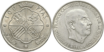 Испания 100 песет 1966 (67) Франсиско Франко (1939-1975) KM 797 серебро 4394-1215