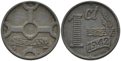 Нидерланды 1 цент 1942 Вильгельмина (1890-1948) KM 170 цинк 3458-158