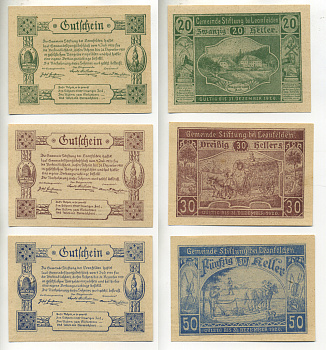 АВСТРИЯ НАБОР ИЗ 3 БАНКНОТ 1920 4 ИЮЛЯ 1920 - 31 ДЕКАБРЯ 1920, НОТГЕЛЬД, 20, 30, 50 ГЕЛЛЕРОВ, LEONFELDEN бумага aUNC 7207-36-3