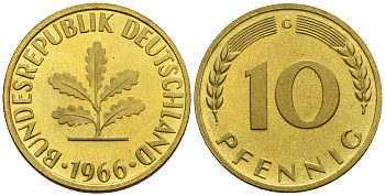 ФРГ 10 пфеннигов 1966 G KM 108, J.383 сталь плакированная латунью PROOF 1094-7-43
