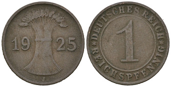Германия 1 рейхспфенниг 1925 J KM 37, J. 313 бронза 4615-232