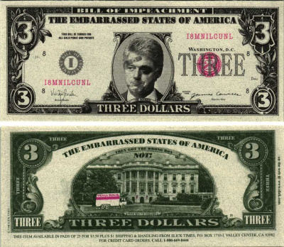 США 3 доллара 1998 сувенирная банкнота, импичмент Биллу Клинтону, Клинтон с синяком и подпись обвиняемый EMBARRASSED STATES OF AMERICA   бумага  UNC (пресс) 7198-29-1-2