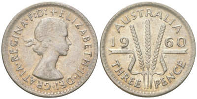 Австралия 3 пенса 1960 Елизавета II (1952-2022) KM 57 серебро 4621-1259