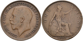 Великобритания 1 пенни 1913 Георг V (1910-1936) KM 810, Spink 4051 бронза 4117-742