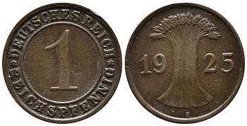 ГЕРМАНИЯ 1 РЕЙХСПФЕННИГ 1925 F KM 37, J. 313 бронза 39-863