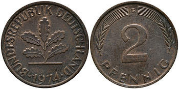 ФРГ 2 пфеннига 1974 G KM 106а, J.381а сталь плакированная медью 99-219