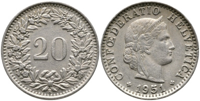 ШВЕЙЦАРИЯ 20 РАППЕНОВ 1951 В KM 29а медно-никель 4539-551