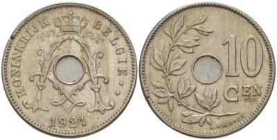 БЕЛЬГИЯ 10 САНТИМОВ 1921 BELGIE KM 86 медно-никель 4546-136