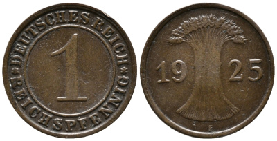 ГЕРМАНИЯ 1 РЕЙХСПФЕННИГ 1925 F KM 37, J. 313 бронза 39-863