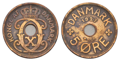 Дания 5 эре 1927 NCH, Кристиан X (1912-1947) KM 828 бронза 4700-813
