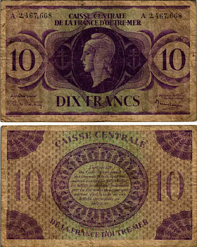 ФРАНЦУЗСКАЯ ЭКВАТОРИАЛЬНАЯ АФРИКА 10 ФРАНКОВ 1944 СЕРИЯ А, CAISSE CENTRALE DE LA FRANCE D'OUTRE-MER Pick 16d бумага G-VF 6352-42-1-1
