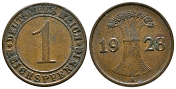ГЕРМАНИЯ 1 РЕЙХСПФЕННИГ 1928 A KM 37, J.313 бронза 4380-1145
